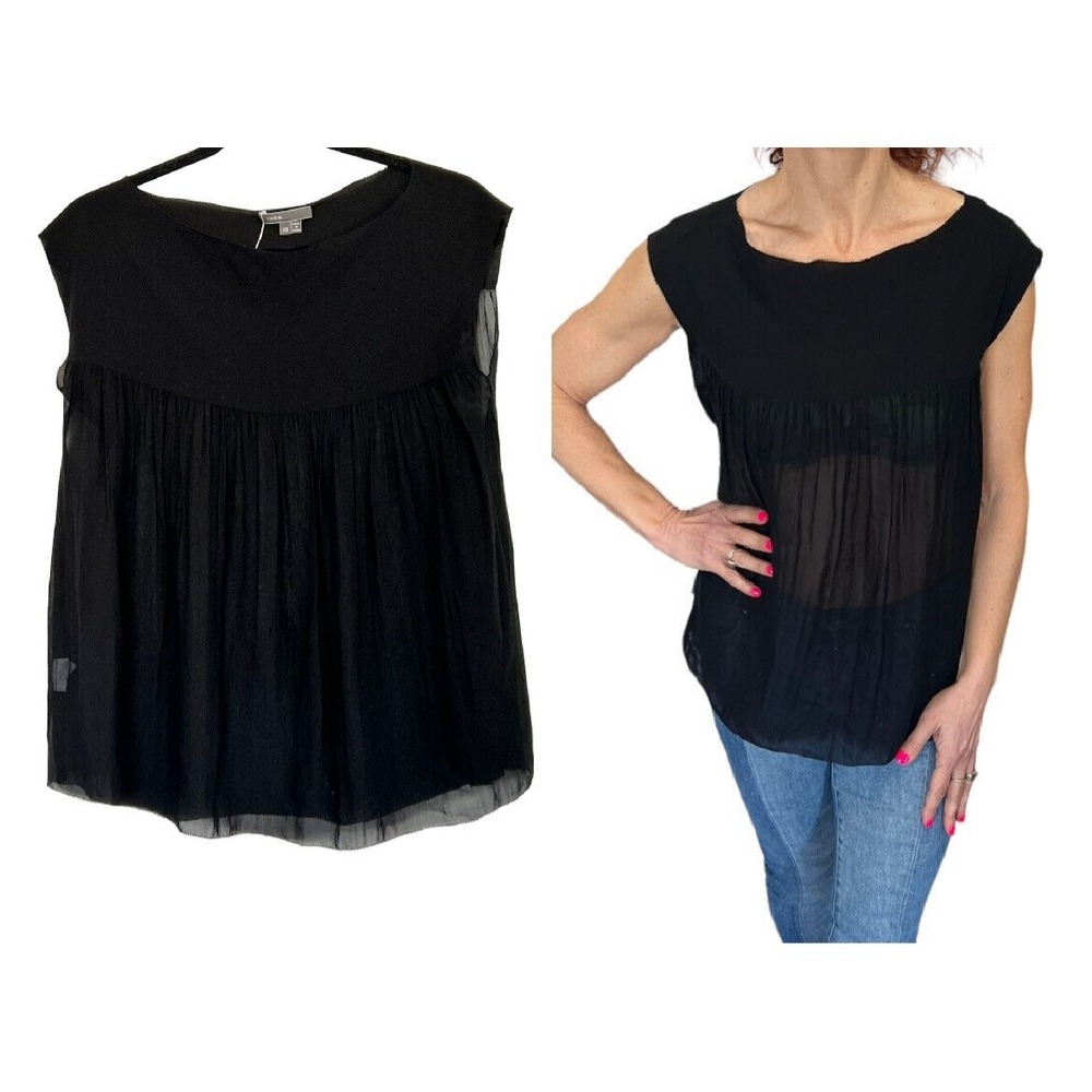 VINCE SILK BLACK CAP SLEEVE SHEER BABYDOLL BLOUSE TOP XS
